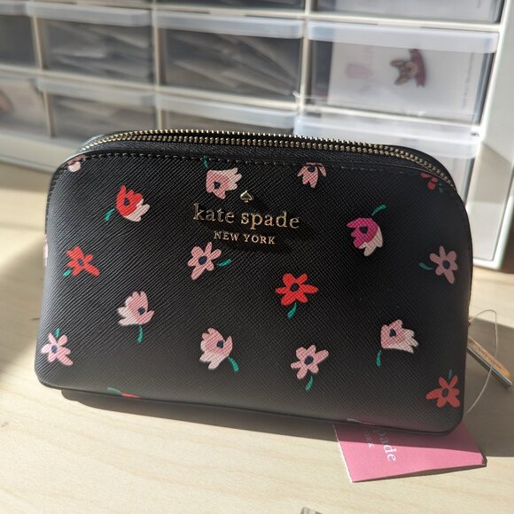 NWT Kate Spade Black and Pink Floral Pouch - Picture 1 of 5